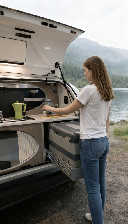 Chica cocinando en una minicaravana Caretta 1500