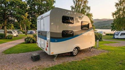 Minicaravana compacta con baño aparcada en un camping tranquilo
