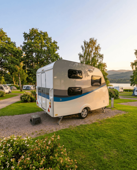 Minicaravana MICRAVAN compacta con baño aparcada en un camping tranquilo