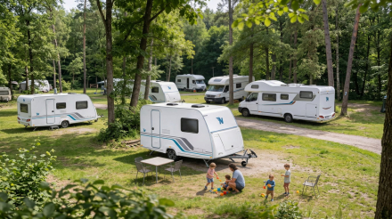 Familia de acampada en un camping con una Minicaravana