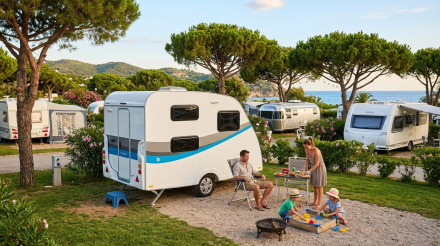 Pareja y familia disfrutando de un viaje en camping y caravana en un entorno cuidado