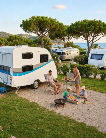 Familia con niños disfrutando de un viaje en camping y caravana en un entorno cuidado