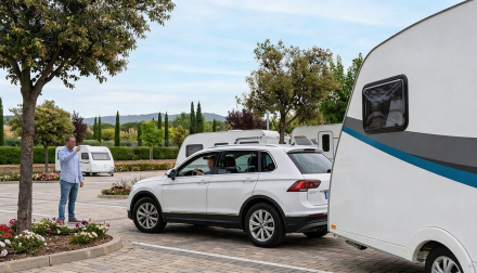Coche con minicaravana en una práctica sencilla para ganar confianza al remolcar