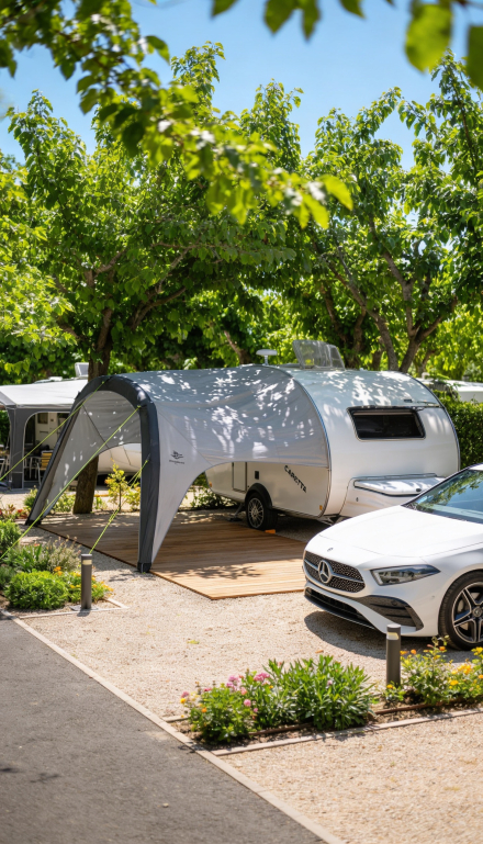 Entorno de camping con estética cuidada, confort y ambiente actual
