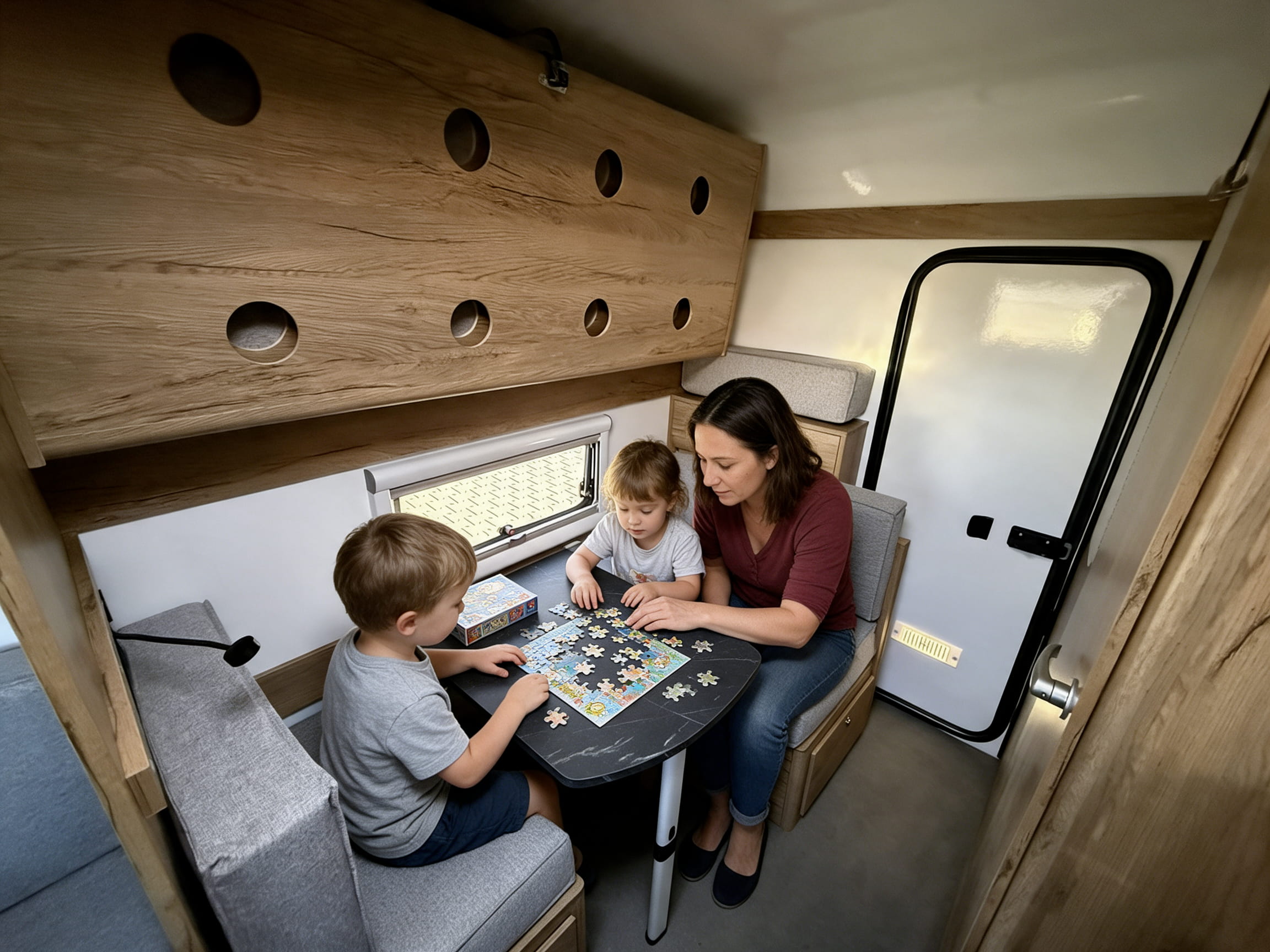 Interior de caravana pequeña para 4 personas con literas